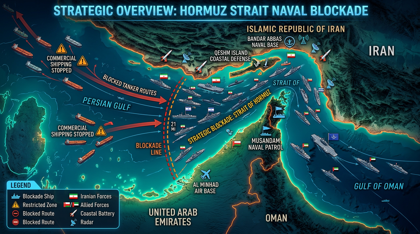 Map of Hormuz Strait naval blockade highlighting Iranian and allied naval forces and blocked commercial shipping routes.