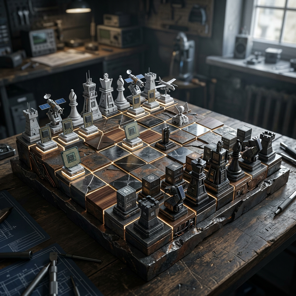 Chess board with pieces designed as satellites, microchips, towers, and technology-themed models