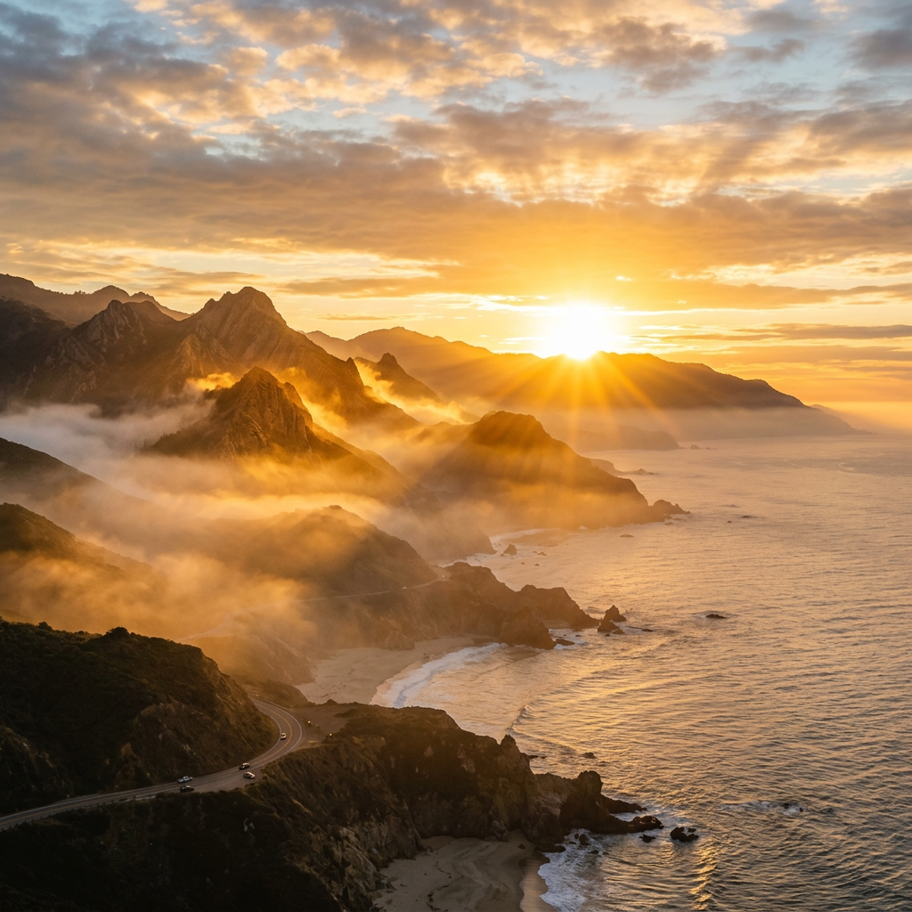 Sunset shining over rugged coastal mountains with mist and ocean